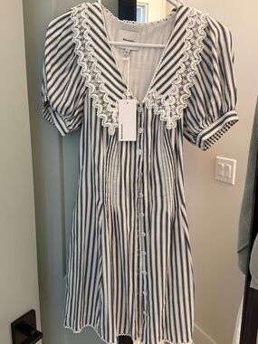 Reformation Navy and White Striped Lace-Trim Button Dress